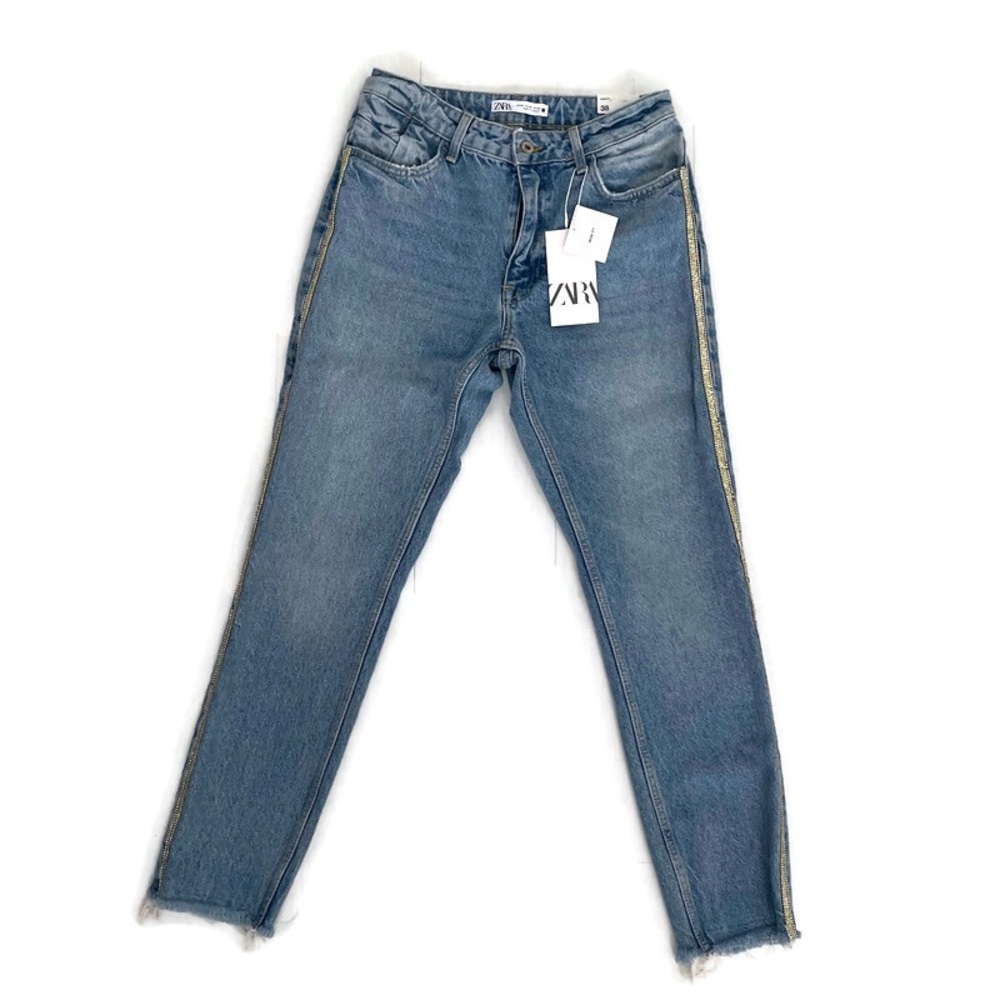 ZARA Mom Fit Blue Jeans w/Gold Sequin Details Fringed Hem Y2K Women’s size 6